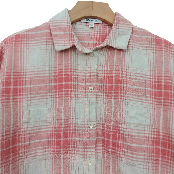Madewell Flannel Shirt Womens XXS Pink Beige Cozy Plaid Oversized Long Sleeve - Picture 3 of 11